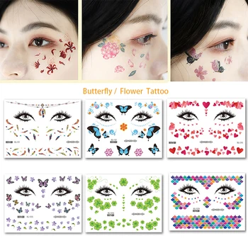 Татуировка Цветов-бабочек, Водонепроницаемые Блестящие Глаза, Наклейки для лица, Боди-арт, Накладные Татуировки, наклейки для макияжа на фестиваль танцевальной музыки.