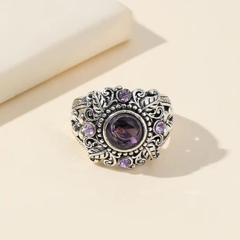 Трансграничное новое роскошное кольцо с аметистом, европейская и американская ретро-имитация тайского серебряного кольца с цветком в виде листьев дерева