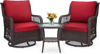 Уличный плетеный набор для патио с поворотным креслом-качалкой из 3 предметов с тканевыми подушками премиум-класса, вращающимися на 360 ° креслами-качалками и соответствующим приставным столиком