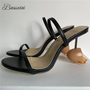Уникальные яйцевидные сандалии на необычном каблуке, женские роскошные босоножки из натуральной кожи с узкими ремешками, Летняя обувь