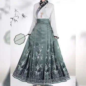Черная, серая, синяя, Зеленая юбка с лошадиной мордой, оригинальная женская бамбуковая юбка MaMian династии Мин, китайские традиционные костюмы Черная, серая, синяя, Зеленая юбка с лошадиной мордой, оригинальная женская бамбуковая юбка MaMian династии Мин, китайские традиционные костюмы 0