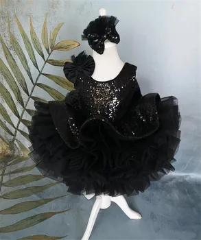 Черное платье с блестками для девочек в цветочек, платье для новорожденных, платье для девочек с бантом, детское платье для празднования, Размер 1-14 Т