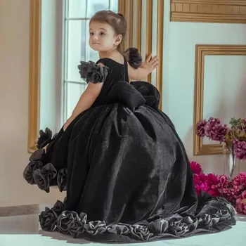 Черное Роскошное платье для цветочницы, Бархатное Асимметричное Изысканное платье принцессы для дня рождения маленькой девочки, Свадебное платье для Первого причастия
