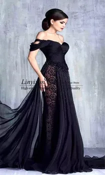 Черный халат, тюлевые платья для выпускного вечера, длинные Женские Элегантные платья трапециевидной формы с кружевной аппликацией на шее, украшенные бисером, официальное длинное вечернее платье для вечеринки