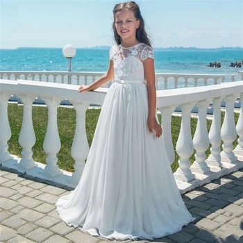 Элегантное белое свадебное платье с цветочным узором для девочек, Фатиновая пышная аппликация, короткий рукав, платья для вечеринки в честь Первого евхаристического дня рождения ребенка.