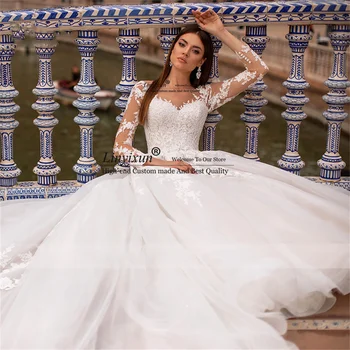 Элегантное свадебное платье трапециевидной формы с аппликациями, кружевные свадебные платья с круглым вырезом и длинными рукавами, винтажные свадебные платья со шлейфом на шнуровке, De Mariée
