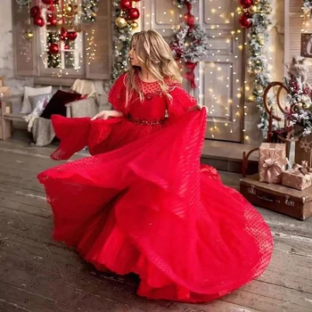 Элегантные красные платья с короткими пышными рукавами для девочек-цветочниц на свадьбу 2023, тюль в горошек, Длинные платья для Первого причастия, расшитые блестками.