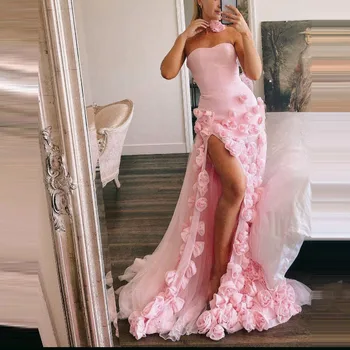 Элегантные розовые вечерние платья в цветочек, без бретелек, с цветами ручной работы, с разрезом сбоку, женское праздничное платье-русалка для официальных мероприятий