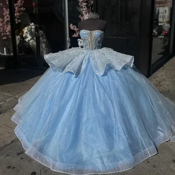 Элегантные светло-голубые пышные платья С аппликацией из бисера, милые платья для 16-летней девочки на день рождения, платье для выпускного вечера с блестками