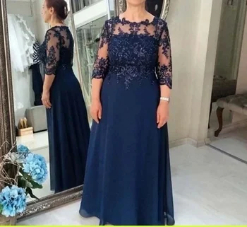 Элегантные темно-синие шифоновые платья для матери невесты, кружевные аппликации в три четверти, расшитые бисером, вечернее платье для жениха на свадьбу