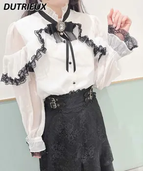 Японская женская футболка Lolita Rojita Sweet с воротником-стойкой, расклешенными длинными рукавами, Свободная кружевная блузка, Весенние майки, Нижняя рубашка